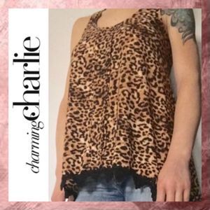 NEW Charming Charlie Leopard Animal Print Lace Trim Swing Fit Tank Top Small S
